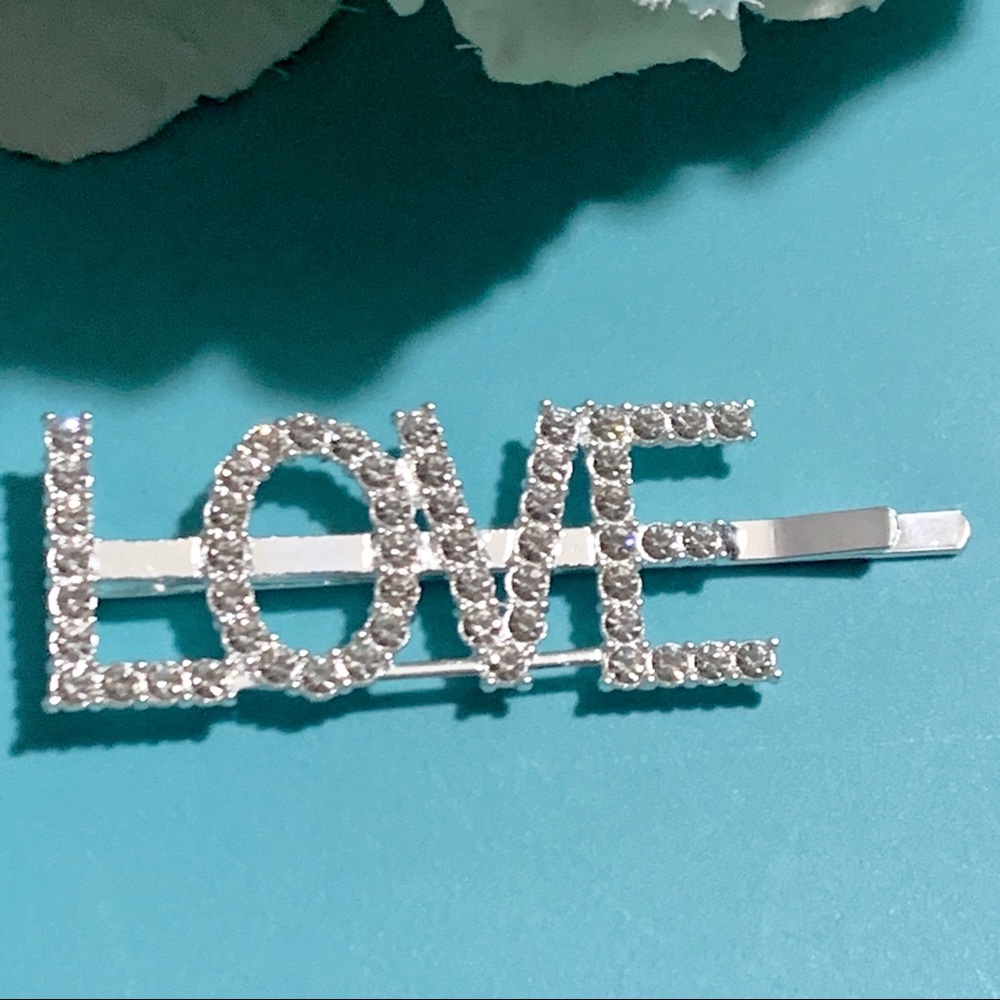 Rhinestone Words Love Silver Hair Clip - Picture 3 of 9